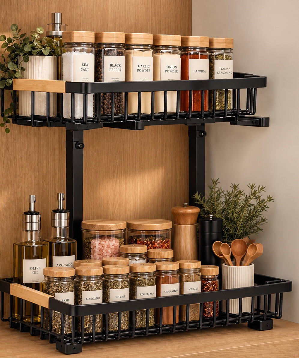 The Calm Cabinet- 2-Tier Sliding Organizer- Expandable Cabinet Storage Rack with Pull Out Drawers