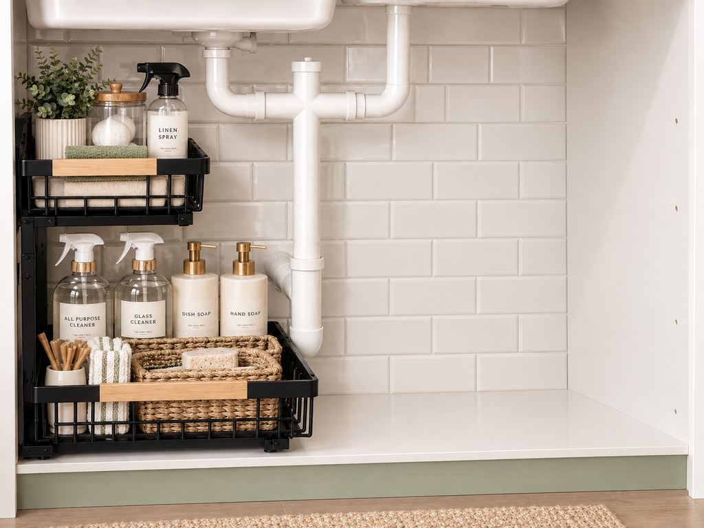 The Calm Cabinet- 2-Tier Sliding Organizer- Expandable Cabinet Storage Rack with Pull Out Drawers