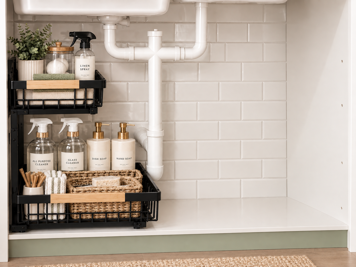 The Calm Cabinet- 2-Tier Sliding Organizer- Expandable Cabinet Storage Rack with Pull Out Drawers