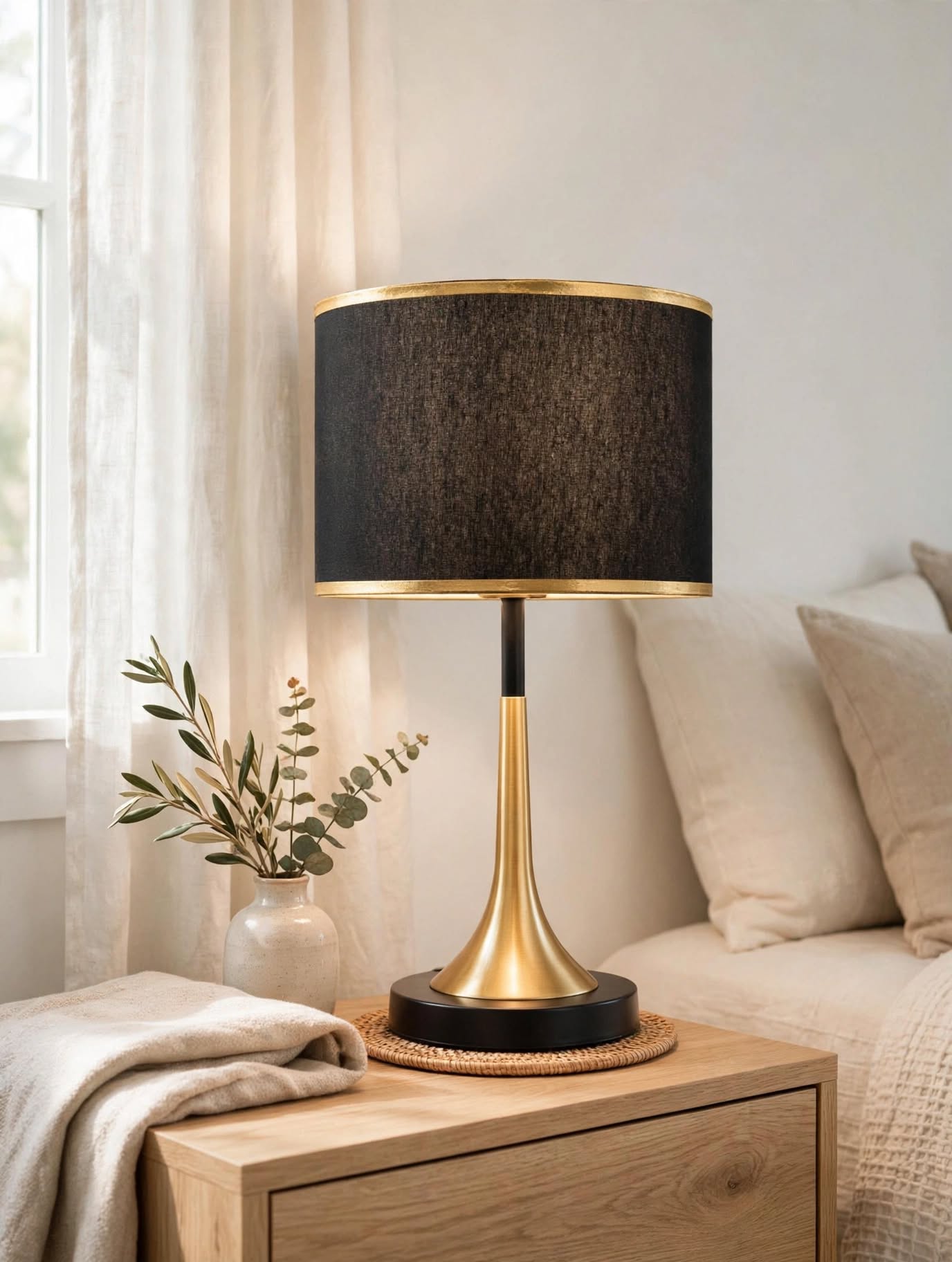 Emery Linen Dome Table Lamp- Touch Dimmable Gold Edge