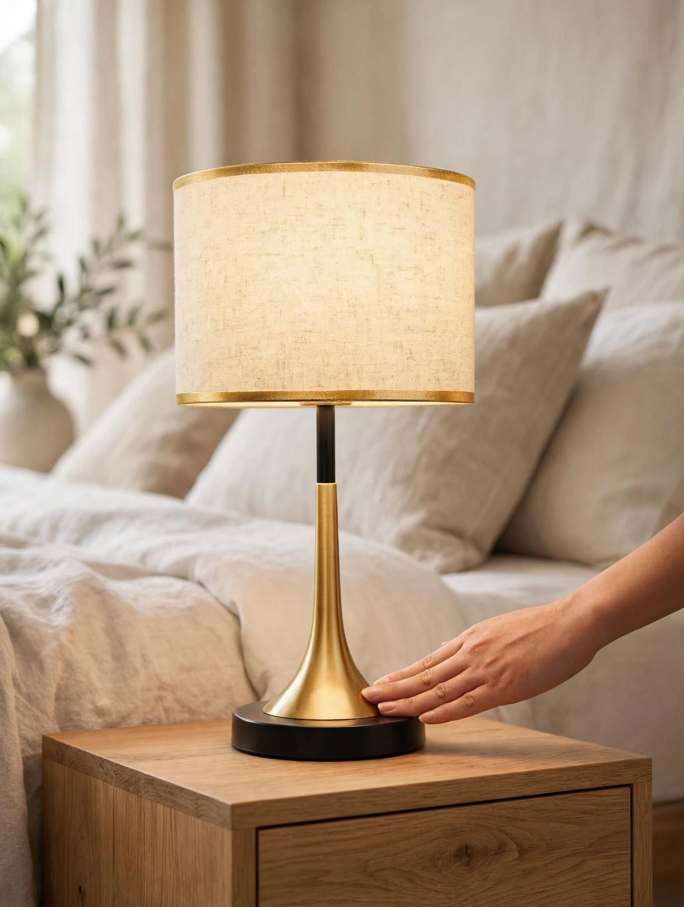 Emery Linen Dome Table Lamp- Touch Dimmable Gold Edge