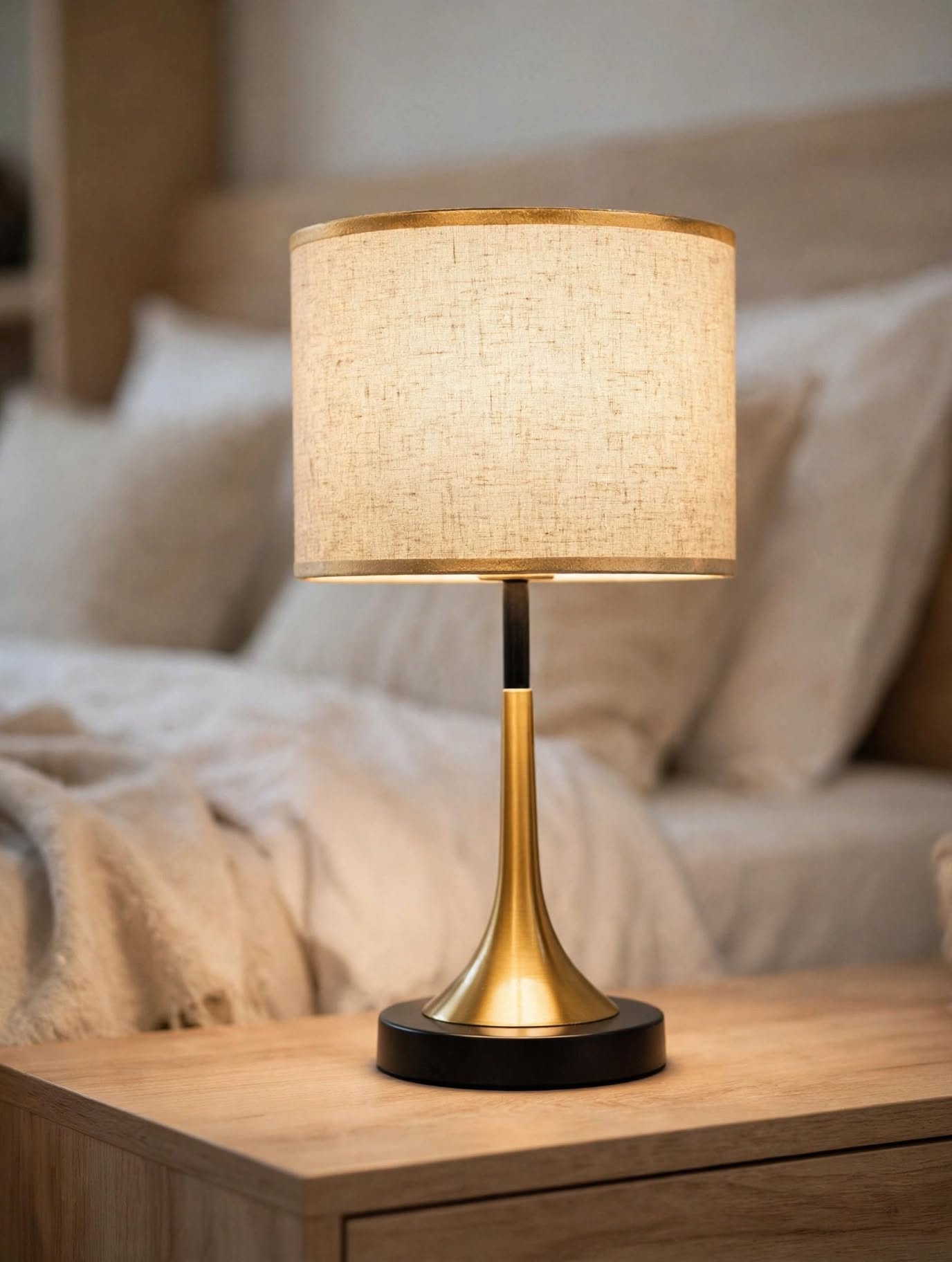 Emery Linen Dome Table Lamp- Touch Dimmable Gold Edge