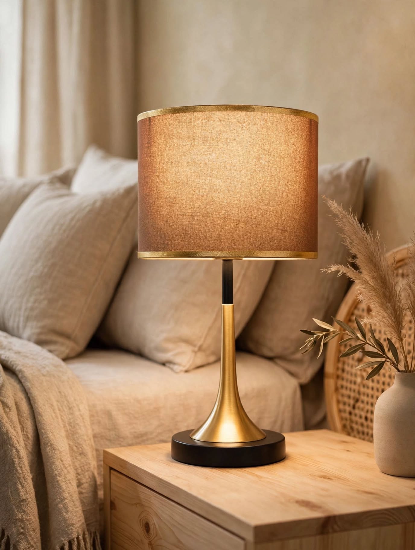 Emery Linen Dome Table Lamp- Touch Dimmable Gold Edge