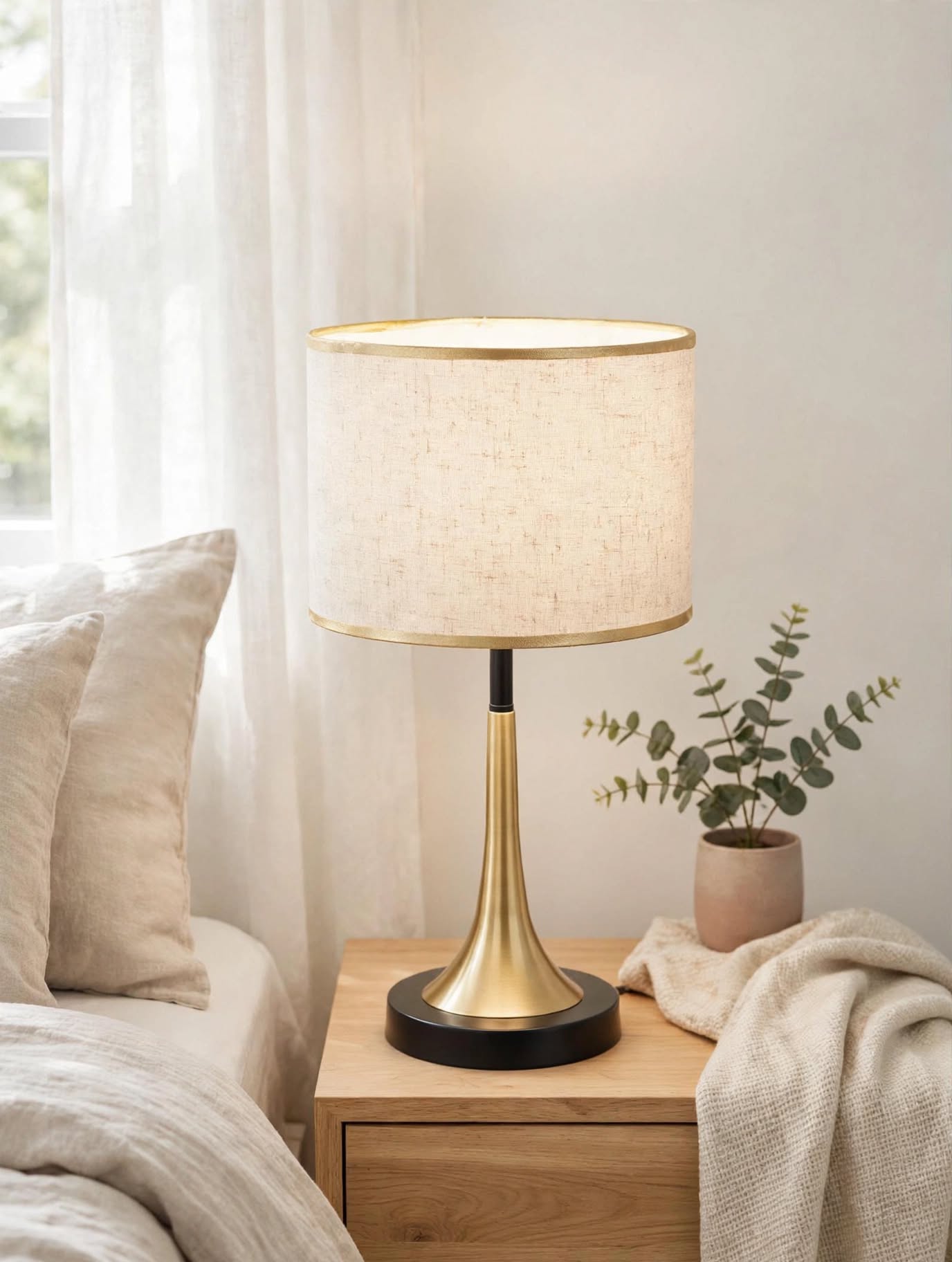 Emery Linen Dome Table Lamp- Touch Dimmable Gold Edge