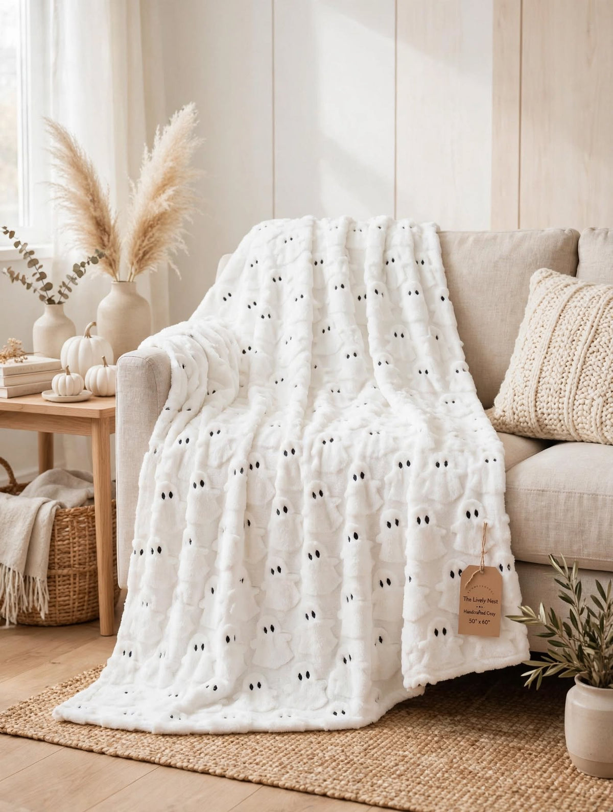 Cozy Autumn Throw Blanket - Pumpkin & Ghost